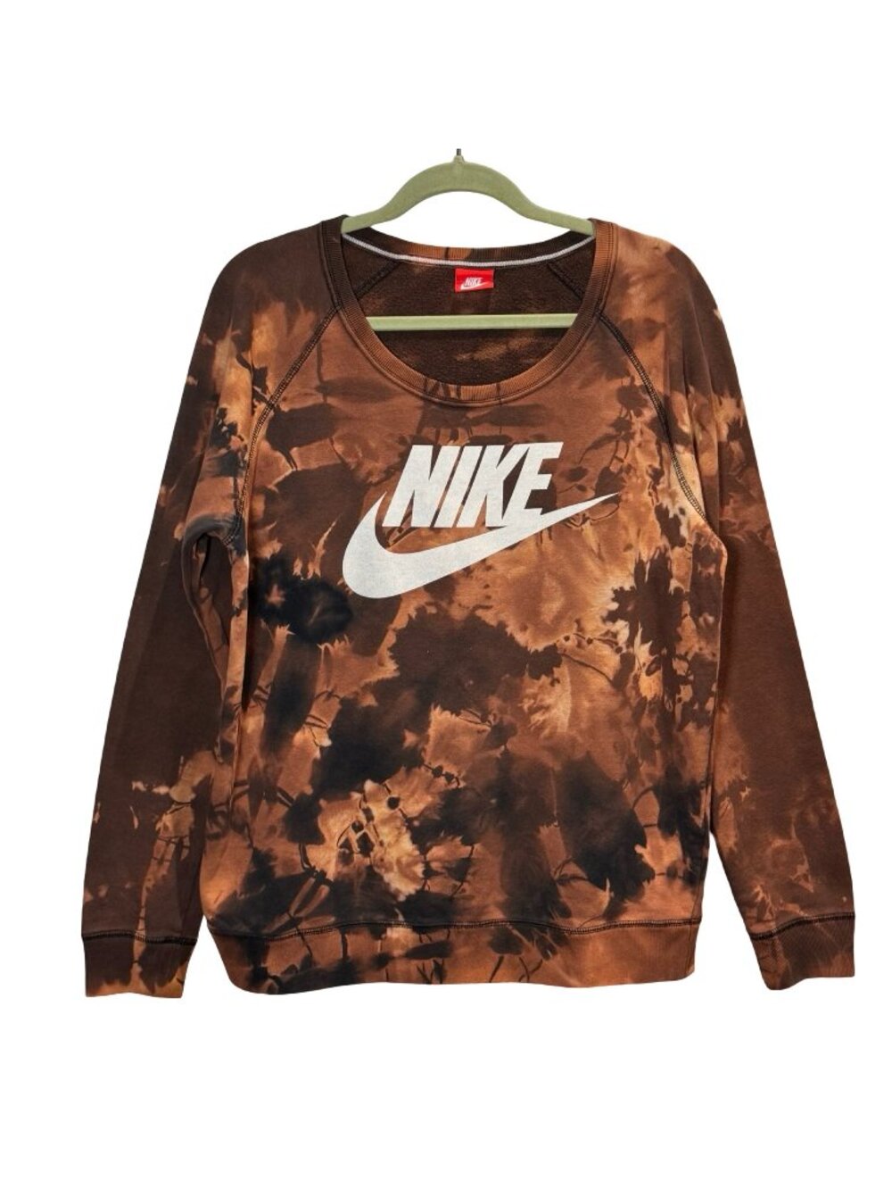 Nike Sweatshirt Mens XL Custom Bleach Tie Dye Pullover Brown Y2K Grunge Logo